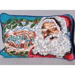 VTG Tapestry Throw Pillow Christmas Santa Claus Holly Church Mountains Rectangle